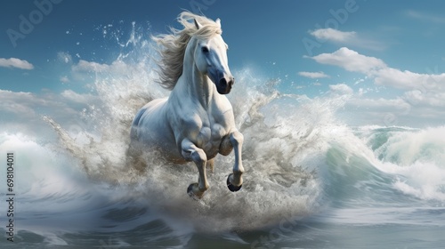 White horse galloping in the water.