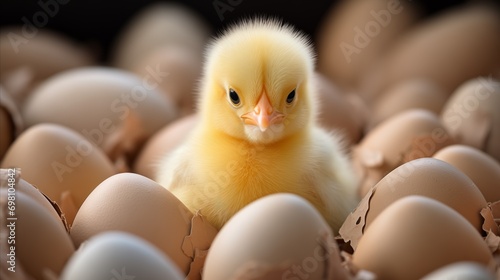 young chick standing amongst eggs