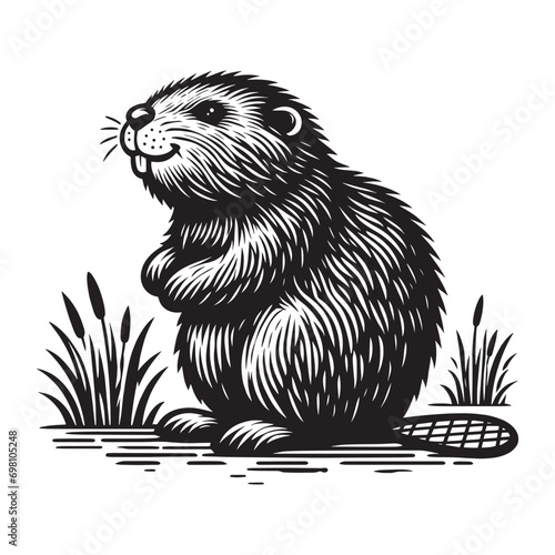 Beaver. Vintage black engraving illustration. Monochrome vector icon. Isolated and cut 