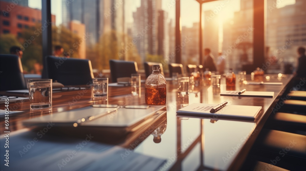 Blurred photo of business people at a business meeting table - obrazy, fototapety, plakaty 