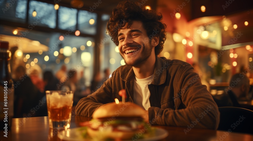 Young man standing in front of a hamburger at the table in a hamburger restaurant