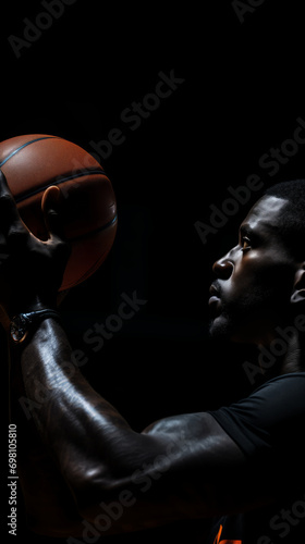 Side view photo of African basketball player holding ball