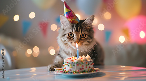 beautiful funny cat ​​in a festive cap eats a birthday cake with candle on a bright background. copy space photo