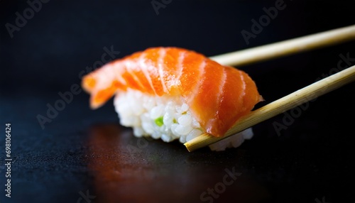 Fresh salmon sushi on chopsticks. Generated with AI
