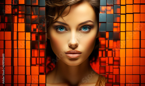 Striking woman's portrait creatively fragmented by red and orange pixelated tiles, blending digital art with human allure
