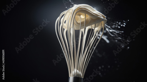 Close-up of the metal whisk of a mixer for whipping desserts. Whisk with delicious white airy whipped cream. Cooking, dessert, bakery. photo