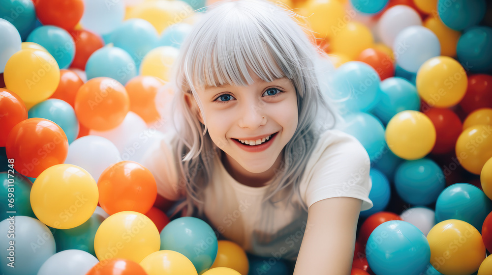 Obraz premium Portrait of a cute smiling child girl in a ball pool. Entertainment for children in leisure center, children's room in shopping center, dry balls pool, pastel colors.