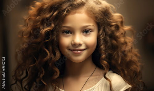 Charming sepia portrait of a smiling young girl with curly hair and a timeless expression of youthful joy and innocence