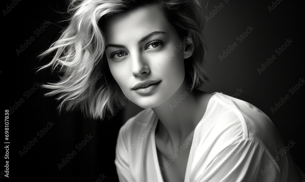 Graceful Young Woman with Short Blonde Hair Posing in a Classic White Shirt, Captured in Timeless Black and White Portrait Graceful Young Woman with Short Blonde Hair Posing in a Classic White Shirt, Captured in Timeless Black and White Portrait