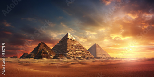 Beautiful picture of Egyptian desert. Sunset over sand dunes tranquil beauty . General view of pyramids sunset background