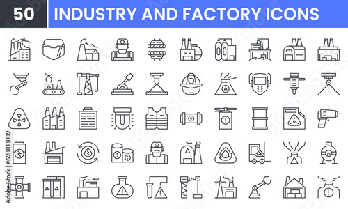 Factory and Industry vector line icon set. Contains linear outline icons like Automation, Warehouse, Manufacturing, Worker, Crane, Chemical, Assembly, Building, Forklift . Editable use and stroke. photo