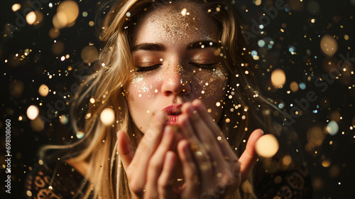 Beautiful young woman blowing colorful glitter at viewer photo