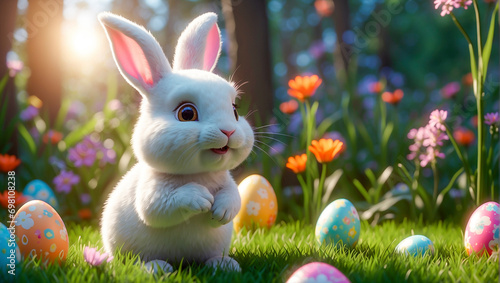 Easter card: cute Easter bunny and Easter eggs on a green blooming lawn