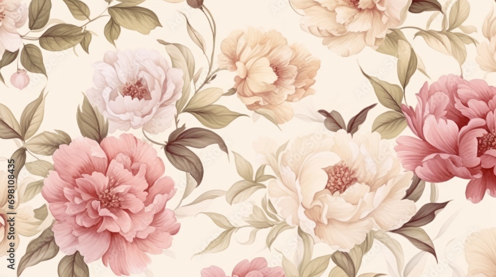 Watercolor style of flowers and green leaves with soft colors on a beige background. Generative AI - obrazy, fototapety, plakaty 