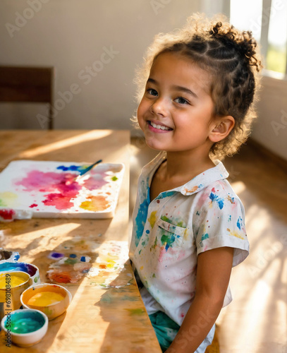 Smiling cute girl doing watercolor painting, clothes and table stained with paint