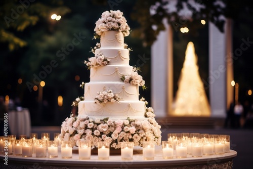 A gorgeous multi-tiered cake decorated with flowers against a background of candles and trees. Concept for celebrating birthday, anniversary, wedding.