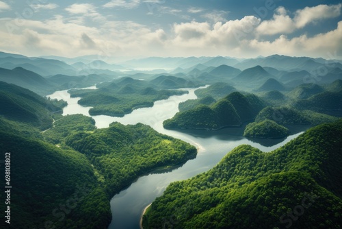 Aerial View of Tranquil Mountain Range in Green Forest