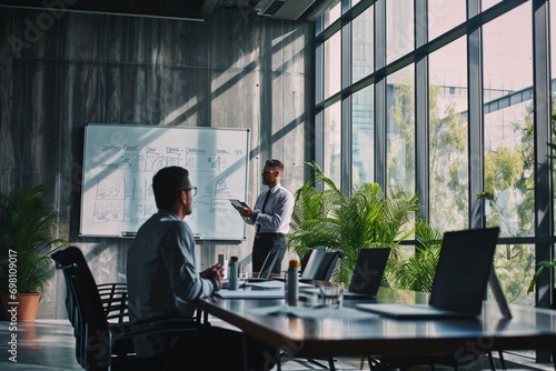 A businessman coaching the team in a sleek conference room, delivering an inspiring presentation with a whiteboard filled with strategic plans.