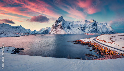 Breathtaking Winter Landscape: Northern Fjords, Mountain Peaks, and Vibrant Sky in Lofoten Islands, Norway