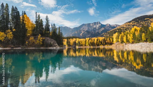 Vibrant Autumn Morning in the Mountains. A picturesque autumn scene at a mountain lake. Capturing the beauty of the colorful autumn landscape in Canada