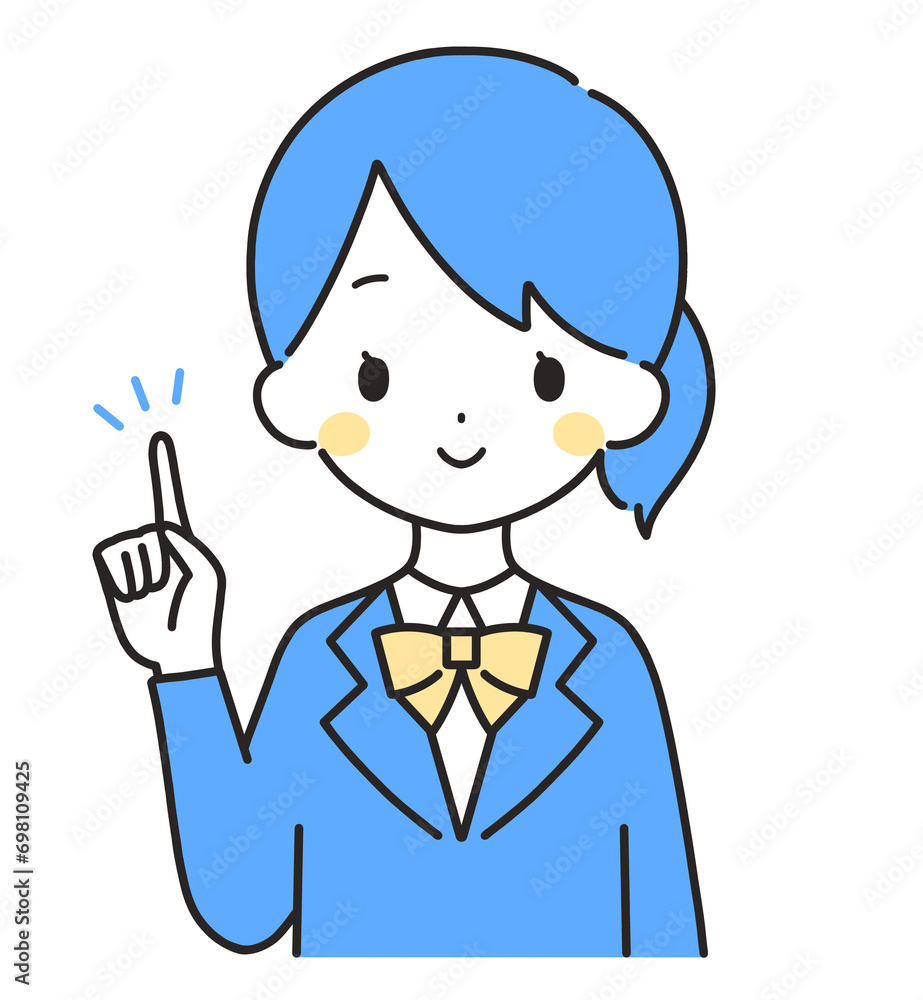 青色|指差しをするブレザーの女の子|上半身 青色|指差しをするブレザーの女の子|上半身