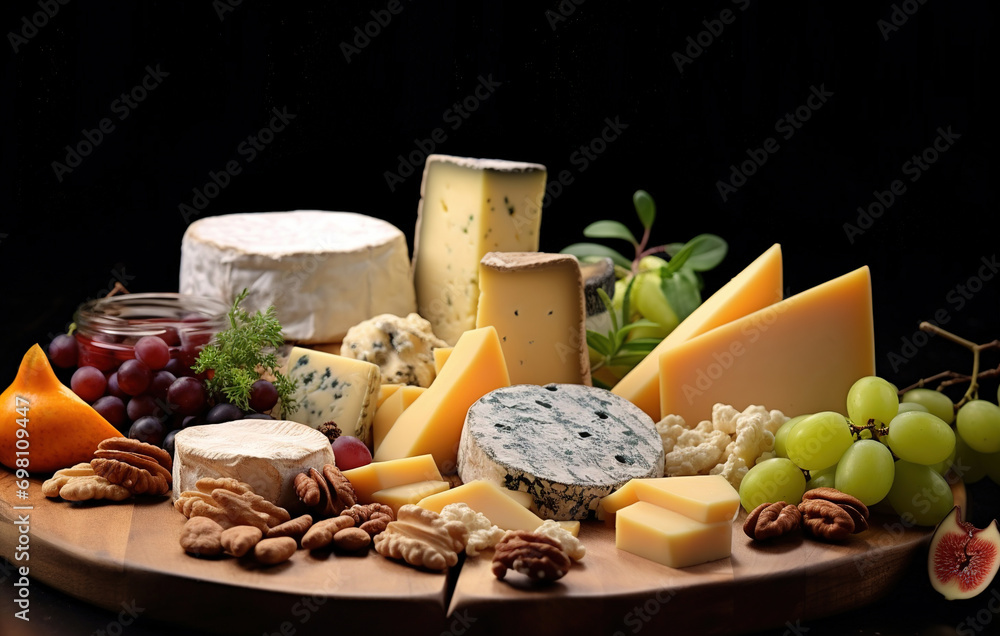 various cheeses  on a wooden board  