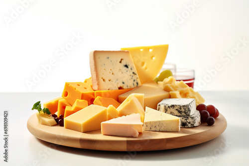Wooden plate with a variety of cheeses on a  white background