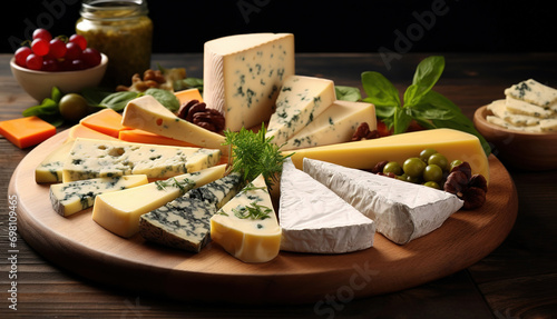 Wooden plate with a variety of tasty cheeses on a  background