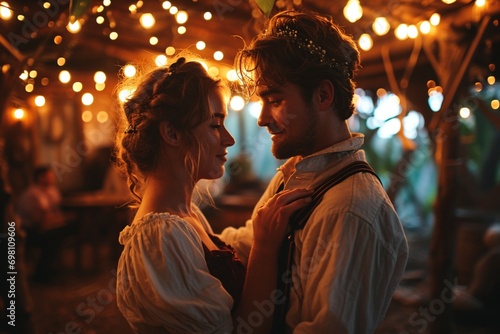 A charming scene in a rustic barn  where a young dancing couple showcases their connection through graceful movements under warm  golden lights.