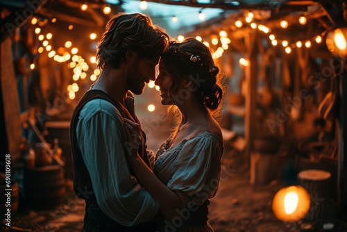 A charming scene in a rustic barn, where a young dancing couple showcases their connection through graceful movements under warm, golden lights.