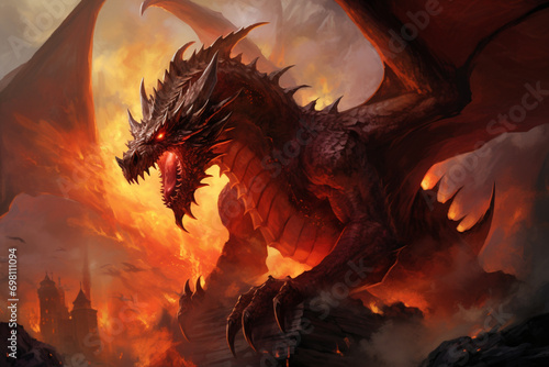Huge fire dragon in fantasy battle