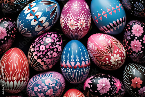 Folk coloured Easter eggs, top view, Easter folk banner 