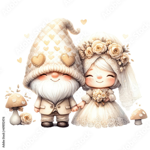 Cute Gnome Couple Wedding Valentine Watercolor Clipart Illustration