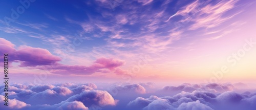 Panoramic beautiful sky with clouds of a pink and purple sky view at sunset. Generate AI image photo