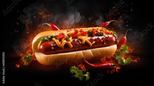 A freshly made hotdog sandwich with spices and ingredients in mid-air, ideal for enticing fast food advertisements and menus.