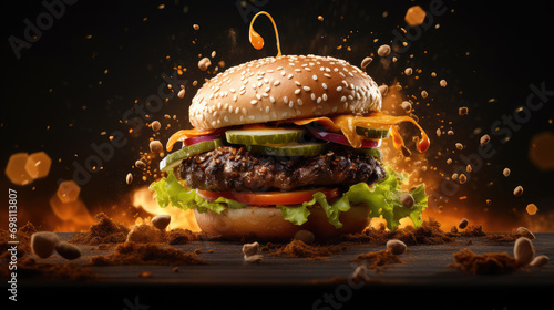 Deliciously prepared Angus beef or chicken patty burger, complete with fresh toppings, ideal for commercial and culinary marketing visuals. photo