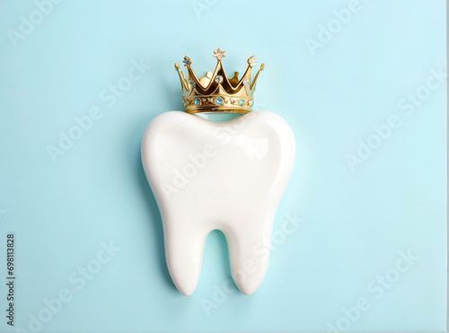 Healthy tooth with golden crown. 3D rendering photo