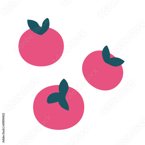 Vector isolated closeup illustration with three tomatos cherry on white background. Group of red vegetables with green leaves. Flat simple concept