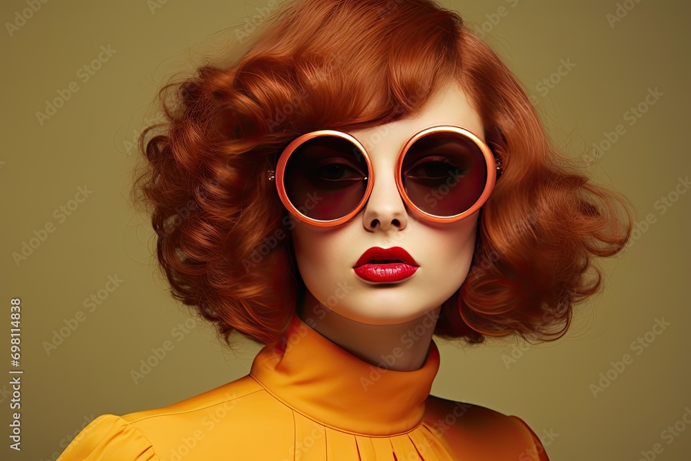 Retro 1980s Woman with Big Hair with Sunglasses on a Solid Background, Fashionable and stylish woman with retro style glasses, generative AI Retro 1980s Woman with Big Hair with Sunglasses on a Solid Background, Fashionable and stylish woman with retro style glasses, generative AI