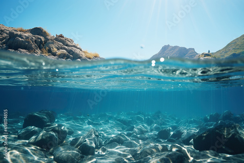Seabed with clean transparent water and sun rays. Generated by artificial intelligence