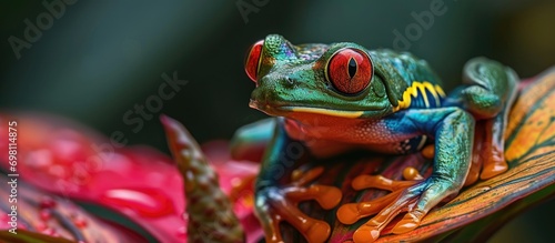 Agalychnis callidryas, a cute night animal with vivid colors and big eye, found on flower in tropical rainforest bordering Panama and Costa Rica. photo