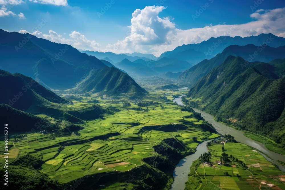 Naklejka premium Tranquil Landscape Green Forest and Mountain Range in Serene Valley