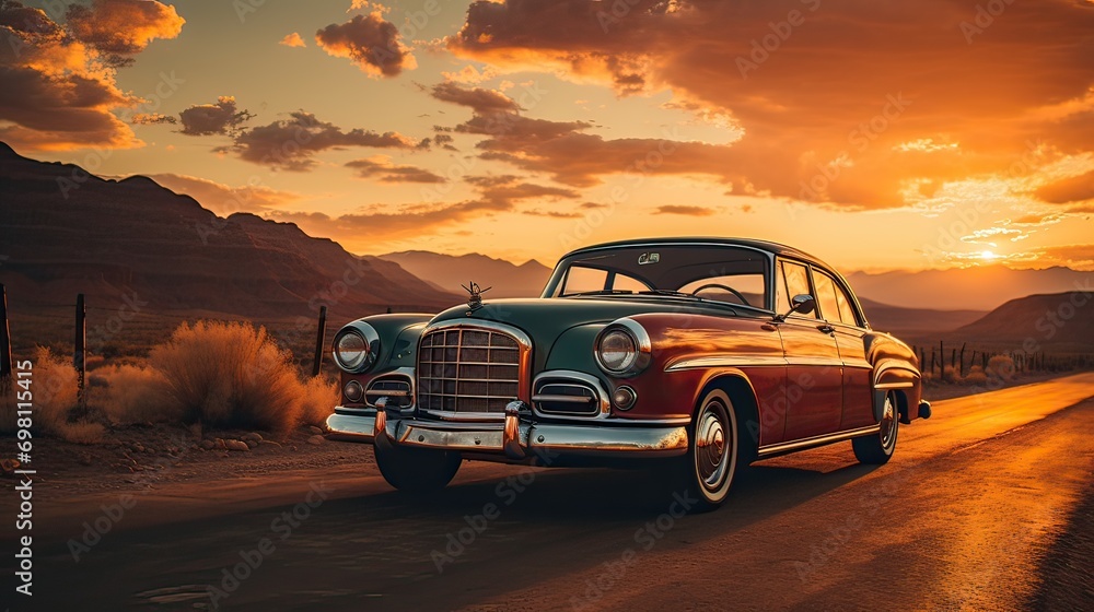 Fototapeta premium Journey into the Desert: Exploring the Sunset on the Road