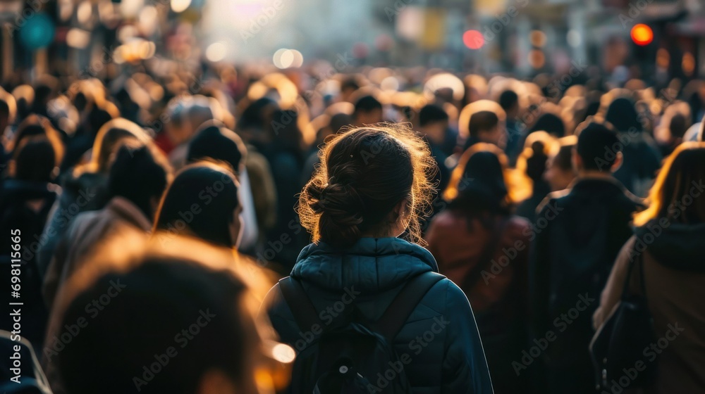 a crowd of people in warm jackets from behind, the sun is shining. blur, defocus, soft focus. concept of a big city, crowds, rallies, traffic jams, rush hour, diseases, coronavirus, distance a crowd of people in warm jackets from behind, the sun is shining. blur, defocus, soft focus. concept of a big city, crowds, rallies, traffic jams, rush hour, diseases, coronavirus, distance