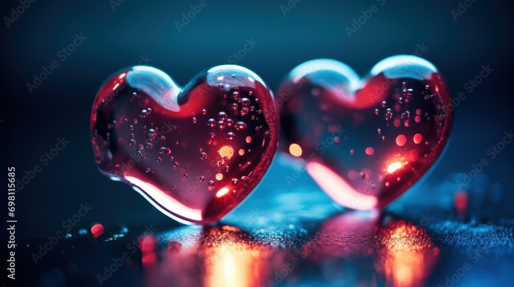 horizontal photo. glass red hearts with water drops on it. blurred blue background. soft focus,defocus.phone wallpaper concept,place for text,advertising for Valentine's day,card,banner horizontal photo. glass red hearts with water drops on it. blurred blue background. soft focus,defocus.phone wallpaper concept,place for text,advertising for Valentine's day,card,banner