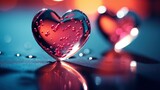 horizontal photo. glass red hearts with water drops on it. blurred blue background. soft focus,defocus.phone wallpaper concept,place for text,advertising for Valentine's day,card,banner