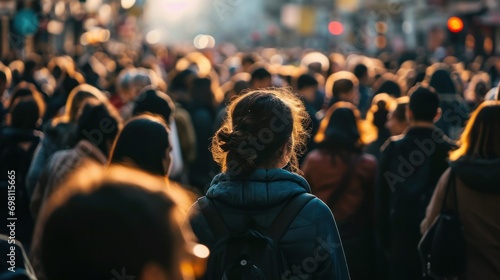 a crowd of people in warm jackets from behind, the sun is shining. blur, defocus, soft focus. concept of a big city, crowds, rallies, traffic jams, rush hour, diseases, coronavirus, distance photo