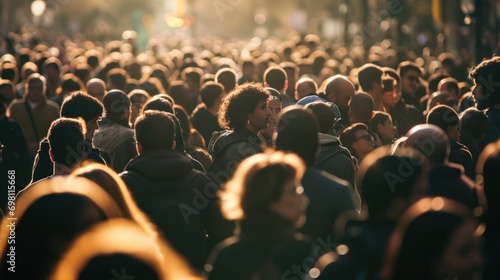 a crowd of people in warm jackets from behind, the sun is shining. blur, defocus, soft focus. concept of a big city, crowds, rallies, traffic jams, rush hour, diseases, coronavirus, distance photo