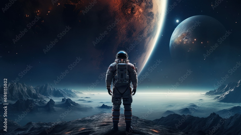 an astronaut from the back in a white spacesuit stands on the surface of the earth and looks from the side of the planet earth. back view. concept of travel to other planets, future, relocation to Mar an astronaut from the back in a white spacesuit stands on the surface of the earth and looks from the side of the planet earth. back view. concept of travel to other planets, future, relocation to Mar