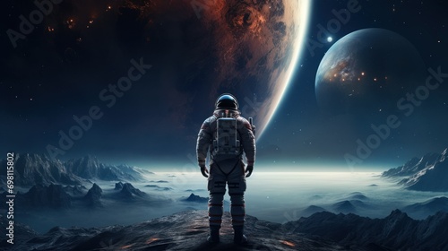 an astronaut from the back in a white spacesuit stands on the surface of the earth and looks from the side of the planet earth. back view. concept of travel to other planets, future, relocation to Mar